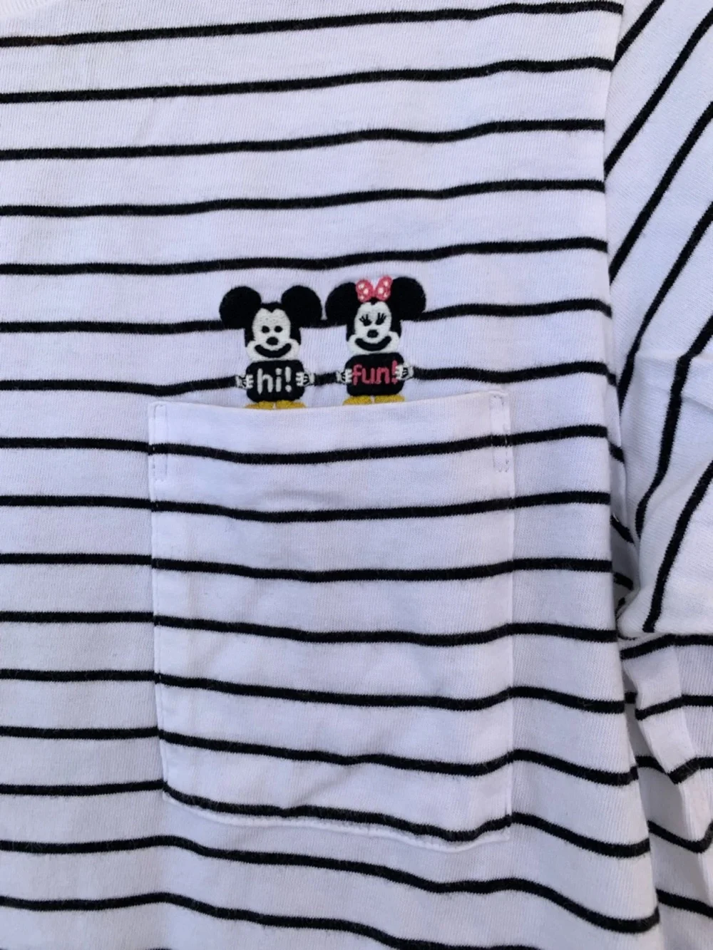 Uniqlo White & Black Striped Pocket Tee with Mickey & Minnie Embroidery - Picture 5 of 11